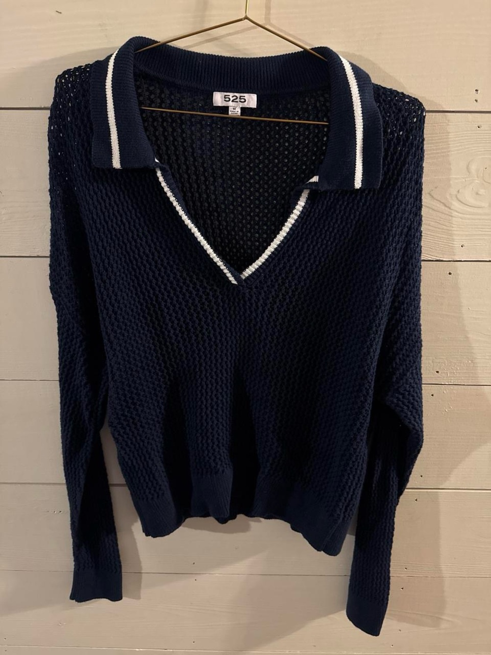525 America Navy V-Neck Polo Sweater with White Trim